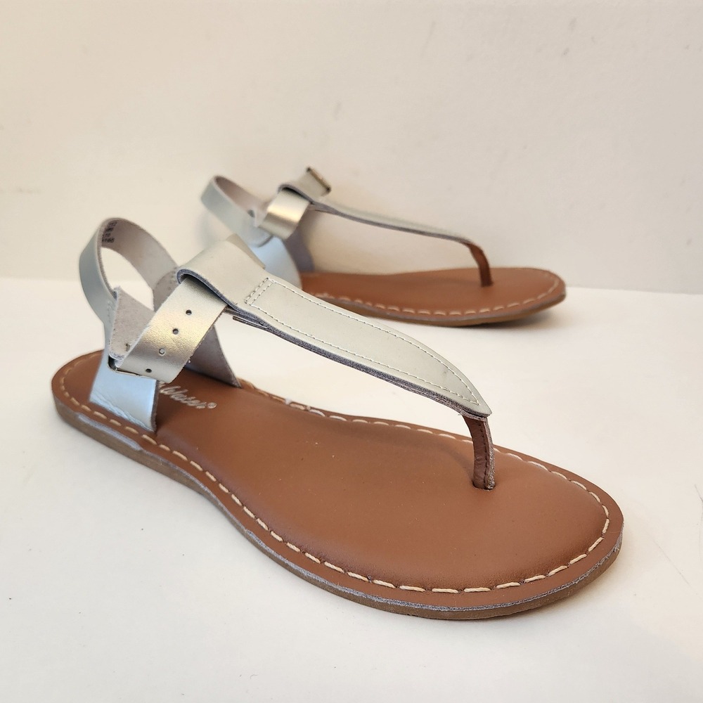 Salt Water Sandals Sun-San T-Thong Metallic Silver Flat Leather Sandals Size 8